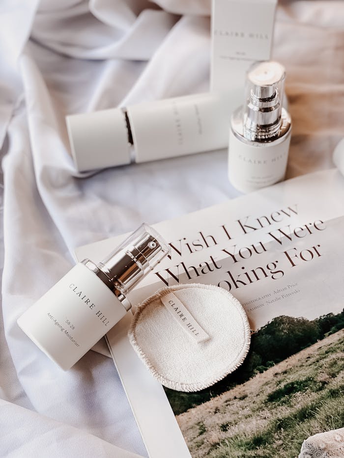 Minimalist product photography of skincare items on a stylish layout.
